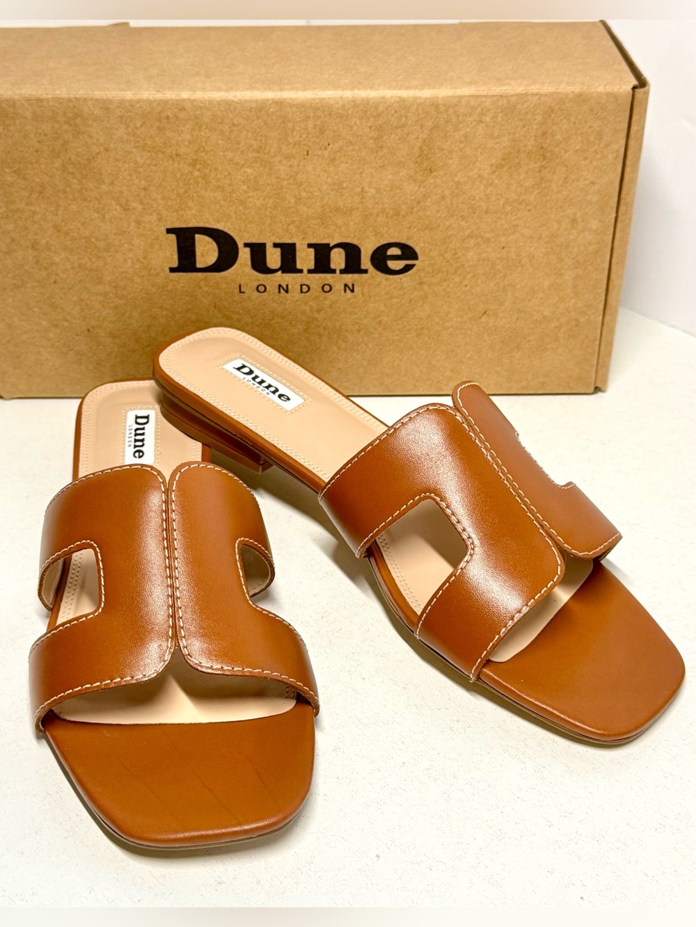 Dune London Loupe Smart Slide Tan Leather Cutout Slide Mules